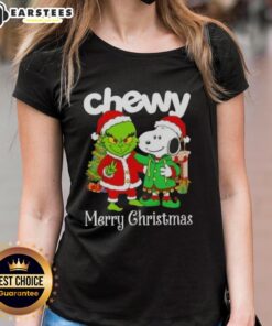 Alt Text: Awesome Chewy X Grinch and Snoopy Merry Christmas ladies tee featuring festive designs for holiday celebrations.