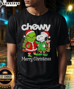 Awesome Chewy X Grinch and Snoopy Merry Christmas T-Shirt featuring festive designs for a joyful holiday season.