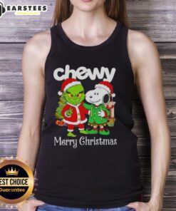 Awesome Chewy X Grinch and Snoopy Merry Christmas tank top featuring festive graphics for holiday cheer and style.