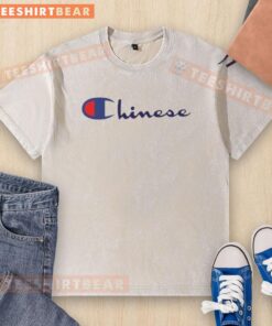 Alt Text: Awesome Chinese logo parody printed on a washed t-shirt, showcasing a unique and humorous design for casual wear.