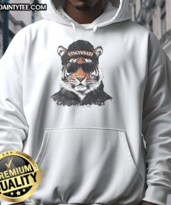Alt Text: Awesome Cincinnati Bengals mascot in a beanie and sunglasses, showcasing team spirit in a stylish hoodie.