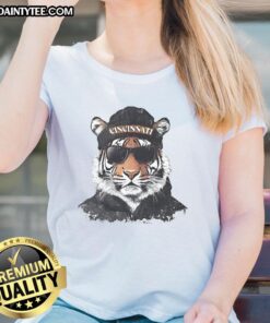 Alt Text: Cincinnati Bengals mascot in a beanie and sunglasses, showcasing team spirit on a ladies' tee shirt.