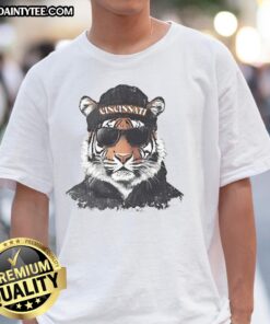 Awesome Cincinnati Bengals mascot in a beanie and sunglasses on a fun t-shirt, perfect for football fans.