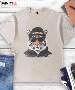 Cincinnati Bengals mascot in a beanie and sunglasses, showcasing team spirit in a stylish washed t-shirt.