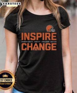 Cleveland Browns Inspire Change ladies tee showcasing football, equity, and justice themes in vibrant design.