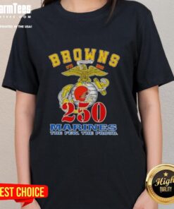 Awesome Cleveland Browns X U.S.M.C 250th Birthday Celebration Ladies Tee showcasing team spirit and military pride.