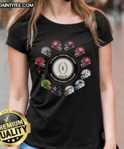 Alt Text: 2025-2026 College Football Playoff 12 Teams National Champ helmet design on a ladies tee shirt.