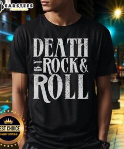 Awesome Death By Rock Roll T-Shirt featuring bold graphic design and vibrant colors for music lovers and festival-goers.