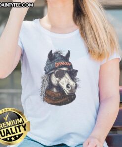 Denver Broncos mascot sporting a beanie and sunglasses on a ladies tee, showcasing team spirit and style.