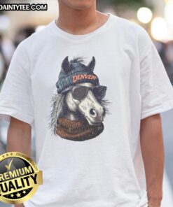 Awesome Denver Broncos mascot in a beanie and sunglasses on a trendy t-shirt, perfect for fans and game day.