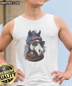 Alt Text: Denver Broncos mascot in a beanie and sunglasses, wearing a tank top, showcasing team spirit and fun style.