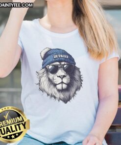Detroit Lions mascot in a beanie and sunglasses, showcasing the Awesome Detroit Lions mascot ladies tee.