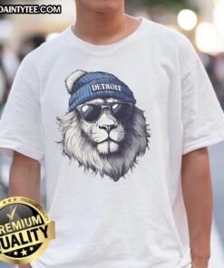 Awesome Detroit Lions mascot wearing a beanie and sunglasses on a stylish t-shirt, perfect for fans.