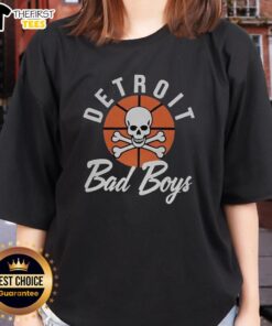 Awesome Detroit Pistons Basketball Bad Boys curved logo on a stylish ladies tee, perfect for fans.
