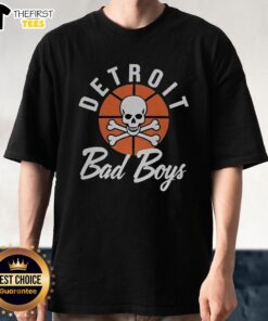 Awesome Detroit Pistons Basketball Bad Boys curved logo T-shirt featuring vibrant team colors and stylish design.