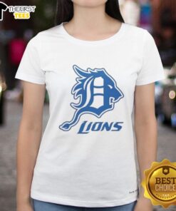 Awesome Detroit Tigers and Detroit Lions logo ladies tee featuring vibrant graphics for passionate fans.