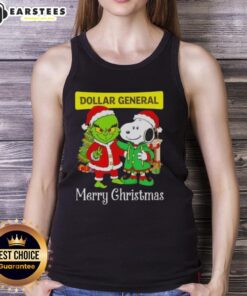 Awesome Dollar General X Grinch and Snoopy Merry Christmas tank top design featuring festive characters and holiday colors.