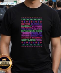 Awesome 'Don't Stop Believing in Democracy' Christmas T-Shirt promoting free speech and human rights.
