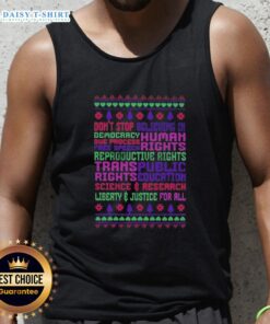 Awesome Christmas tank top featuring 'Don't Stop Believing in Democracy' with symbols of free speech and human rights.