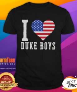 Alt Text: Awesome Duke Boys I Love Duke Boys US Flag T-Shirt featuring patriotic design and vibrant colors.
