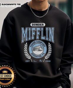 Alt Text: Cozy sweatshirt featuring Dunder Mifflin Paper Company, Scranton, PA, Est. 1949 from The Office, perfect for fans.