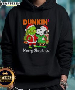 Awesome Dunkin' Donuts x Grinch and Snoopy Merry Christmas Hoodie featuring festive designs and vibrant colors.