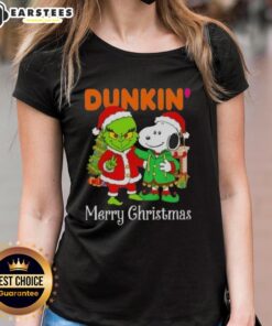 Awesome Dunkin' Donuts x Grinch and Snoopy Merry Christmas ladies tee featuring festive graphics and vibrant colors.