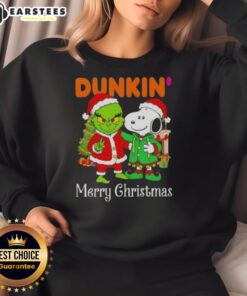 Alt Text: Awesome Dunkin Donuts X Grinch and Snoopy Merry Christmas Sweatshirt featuring festive holiday designs.