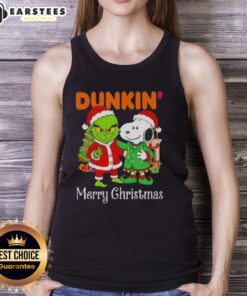 Alt Text: Awesome Dunkin Donuts X Grinch and Snoopy Merry Christmas tank top featuring festive designs and vibrant colors.