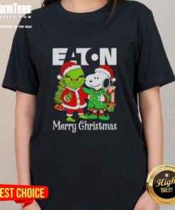 Alt Text: Awesome Eaton Corporation X Grinch and Snoopy Merry Christmas Ladies Tee featuring festive designs for holiday cheer.