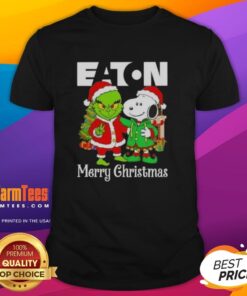Alt Text: Awesome Eaton Corporation X Grinch And Snoopy Merry Christmas T-Shirt featuring festive designs for holiday cheer.