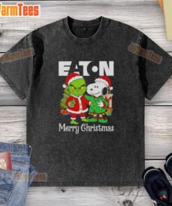 Awesome Eaton Corporation X Grinch and Snoopy Merry Christmas washed t-shirt with festive graphics and vibrant colors.