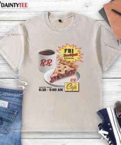 Alt Text: Awesome FBI Breakfast Special at RR Cafe on a washed T-shirt, featuring a vibrant design and delicious food imagery.