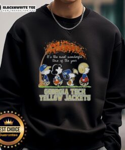 Alt Text: Awesome Georgia Tech Yellow Jackets sweatshirt featuring Snoopy and friends, perfect for autumn celebrations.