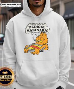 Awesome Gimme Some of That Medical Marinara Ivory Hoodie displayed on a hanger with a stylish backdrop.