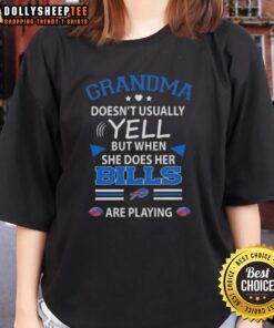 Awesome grandma wearing a Buffalo Bills football tee, showcasing her passion for the team during a game.