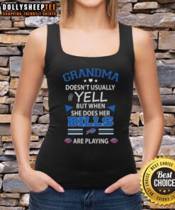Awesome grandma in a tank top cheering for the Buffalo Bills, showcasing her spirited support during the game.