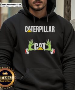 Awesome Grinch hands holding a cute caterpillar on a festive Christmas hoodie design for holiday cheer.