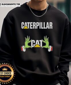 Alt Text: Awesome Grinch hands holding a caterpillar in a festive Christmas sweatshirt design for holiday cheer.