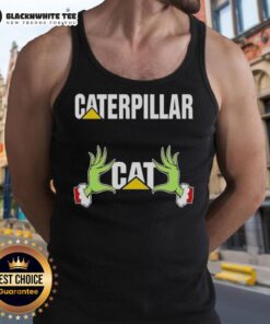 Awesome Grinch hands holding a colorful caterpillar on a Christmas tank top, perfect for festive holiday wear.