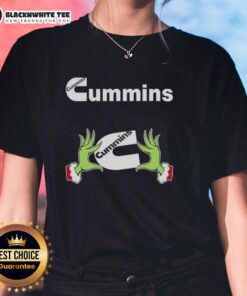 Awesome Grinch hands holding a Cummins logo on a festive Christmas ladies tee, perfect for holiday celebrations.