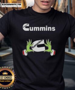 Alt Text: Awesome Grinch hands holding a heart on a Cummins Christmas T-Shirt, perfect for holiday enthusiasts and truck lovers.