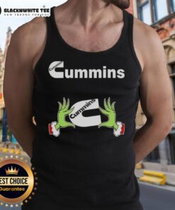Awesome Grinch hands holding a Cummins Christmas tank top, perfect for festive holiday celebrations and truck enthusiasts.