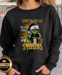 Awesome Grinch Santa Hat sweatshirt for Pittsburgh Steelers fans, perfect for Christmas cheer and NFL pride.