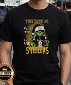 Awesome Grinch Santa Hat X Pittsburgh Steelers NFL Christmas T-Shirt featuring 'They Hate Us Because They Ain't Us' design.