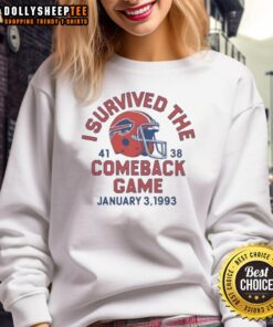 Alt Text: Awesome Homage Buffalo Bills I Survived The Comeback Game Sweatshirt in navy, celebrating the iconic NFL game.