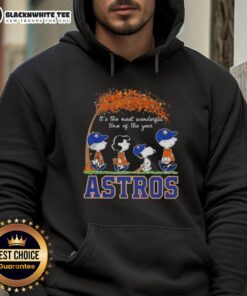 Alt Text: Cozy Houston Astros hoodie featuring Snoopy and friends, perfect for autumn and the most wonderful time of the year.