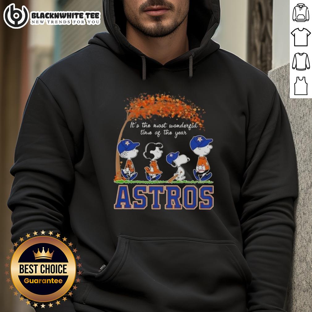 Awesome Houston Astros X Peanuts Snoopy And Friends Autumn It's The Most Wonderful Time Of The Year Hoodie Alt Text: Cozy Houston Astros hoodie featuring Snoopy and friends, perfect for autumn and the most wonderful time of the year.