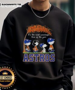 Alt Text: Cozy Houston Astros X Peanuts Snoopy and Friends sweatshirt celebrating autumn's most wonderful time of the year.