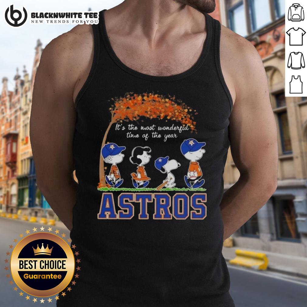 Awesome Houston Astros X Peanuts Snoopy And Friends Autumn It's The Most Wonderful Time Of The Year Tank Top Awesome Houston Astros X Peanuts Snoopy tank top for autumn, celebrating 'It's the Most Wonderful Time of the Year.'